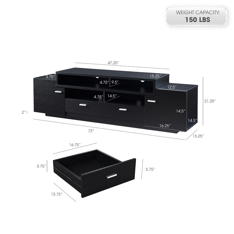Bowery Hill Multi-Storage 72-Inch Wood TV Stand in Black Finish