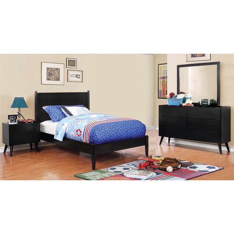 Bowery Hill 4-Piece Black Wood King Bedroom Set with Dresser and Mirror