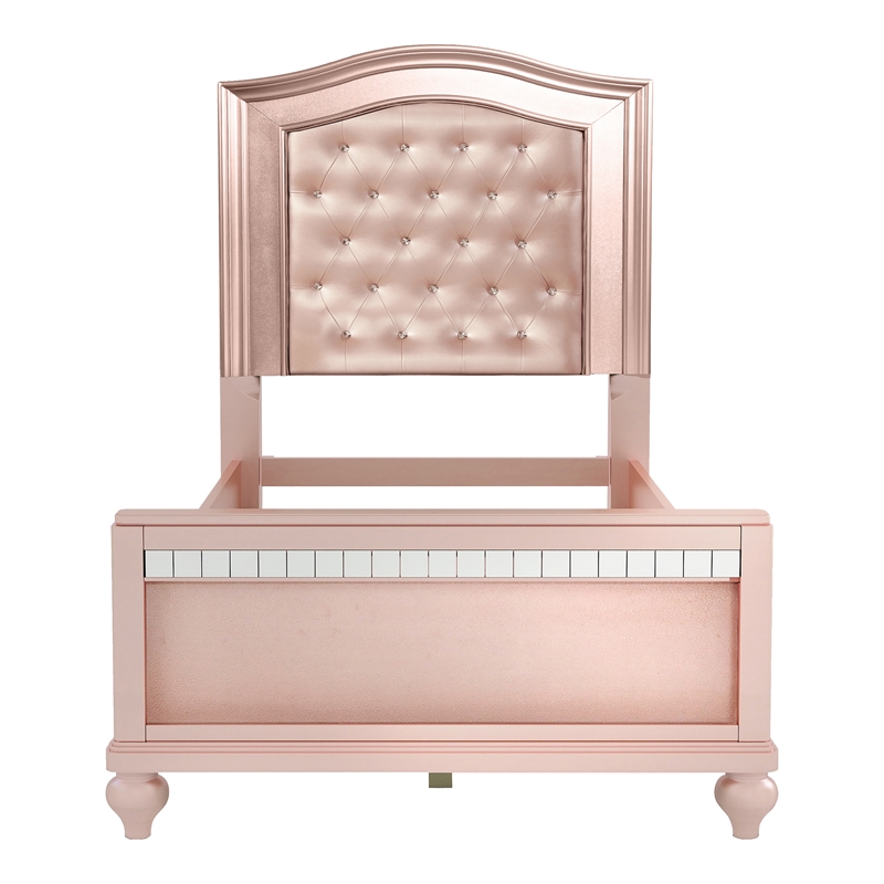 Bowery Hill Contemporary Wood Twin Bed in Rose Gold with Faux Leather Upholstery