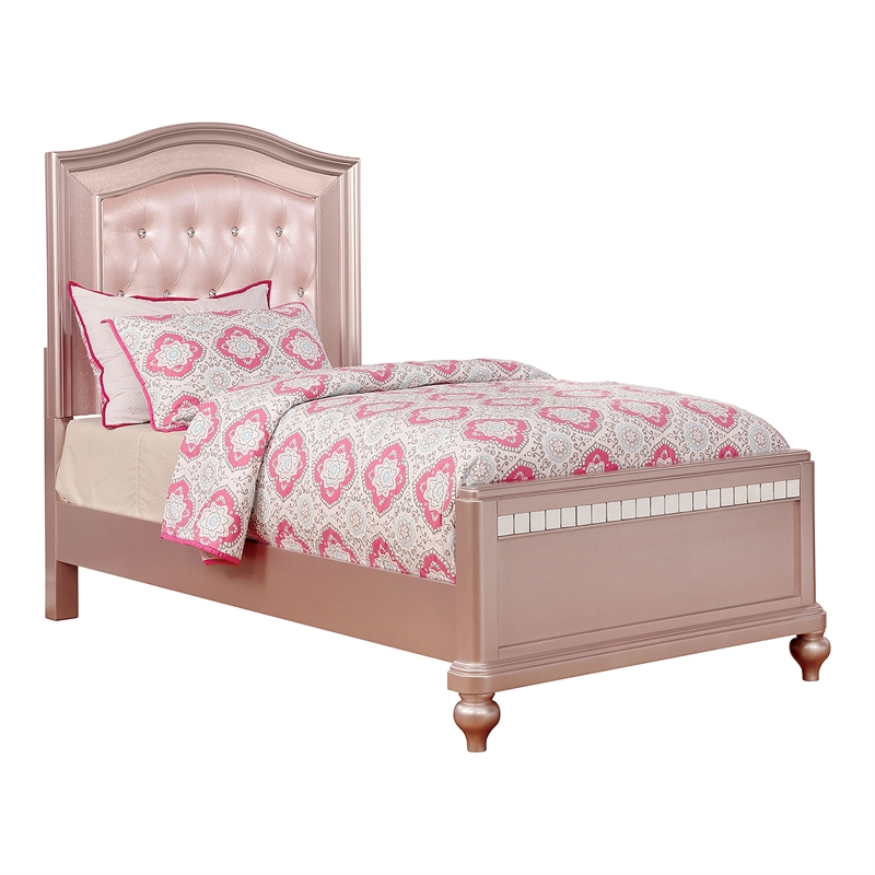 Bowery Hill Contemporary Wood Twin Bed in Rose Gold with Faux Leather Upholstery