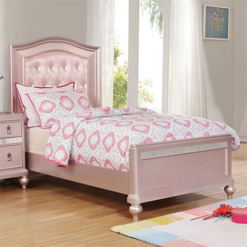 Bowery Hill Contemporary Wood Twin Bed in Rose Gold with Faux Leather Upholstery