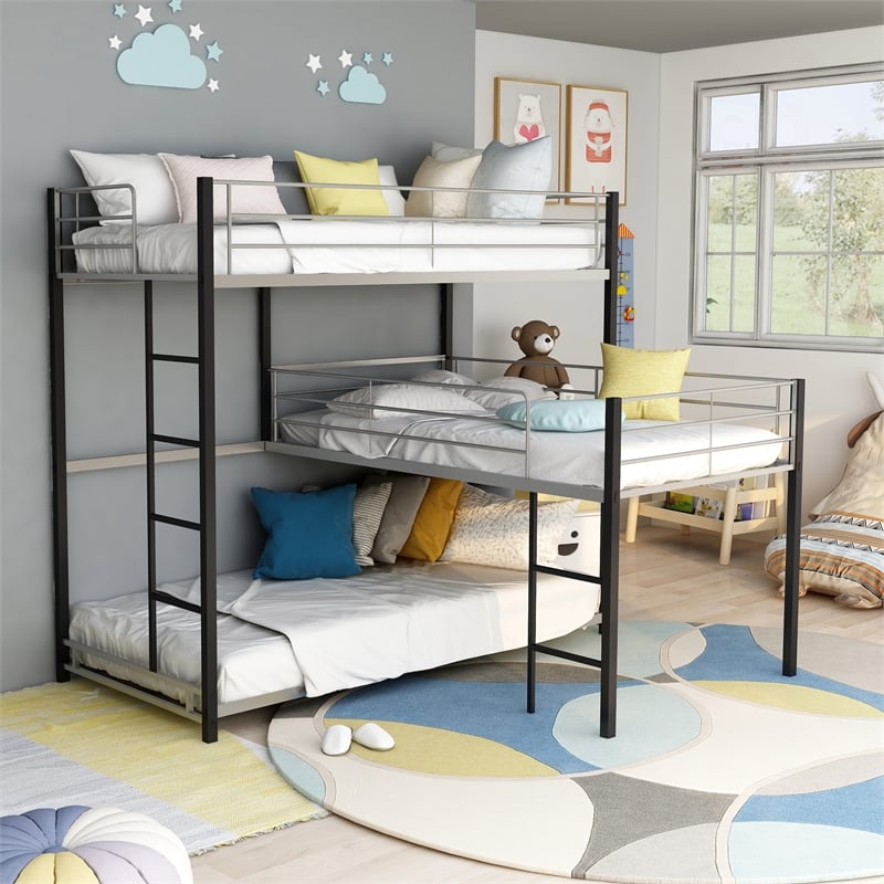 Bowery Hill Metal Twin Triple Bunk Bed in Sand Black Finish