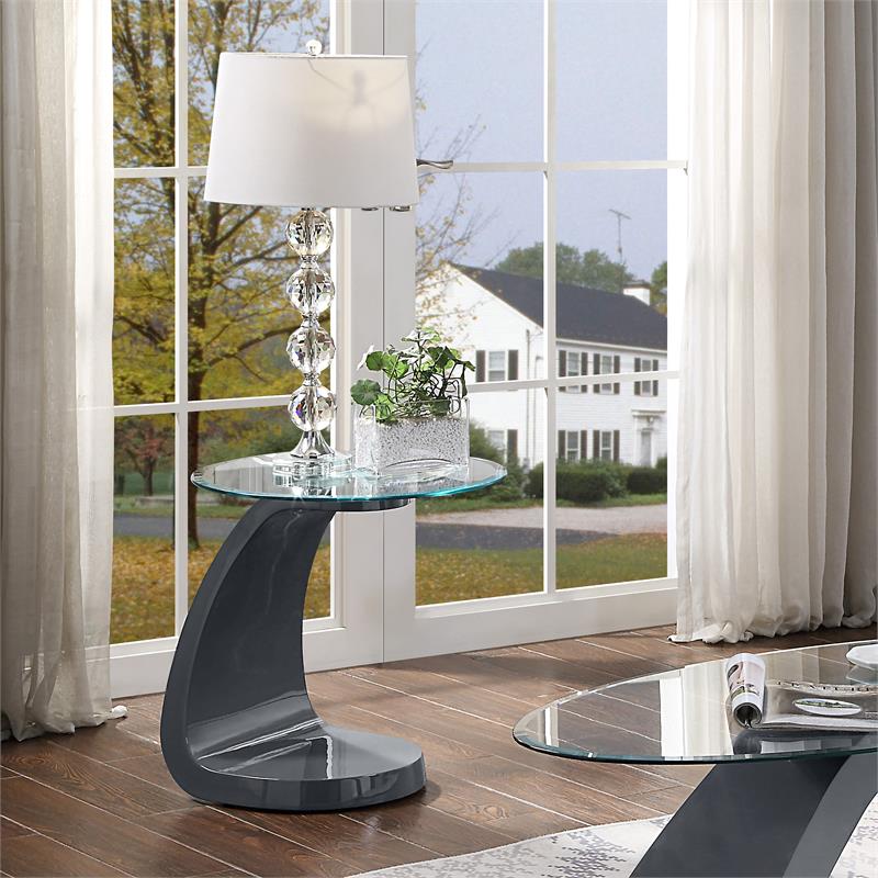 Bowery Hill Contemporary Glass Top End Table in Gray with Abstract Base