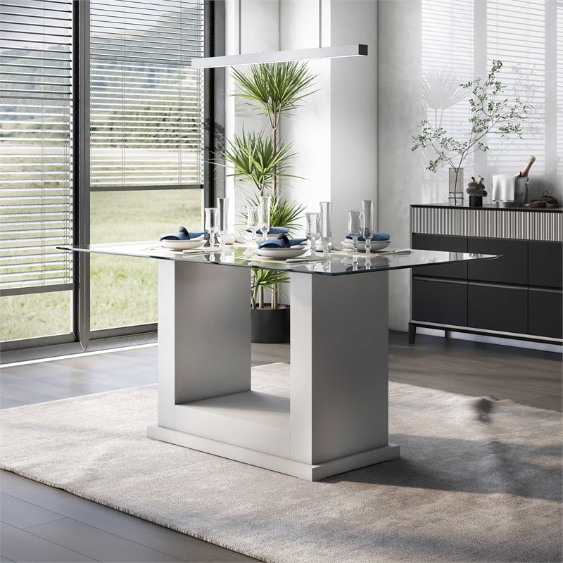 Bowery Hill Contemporary Tempered Glass Dining Table in White