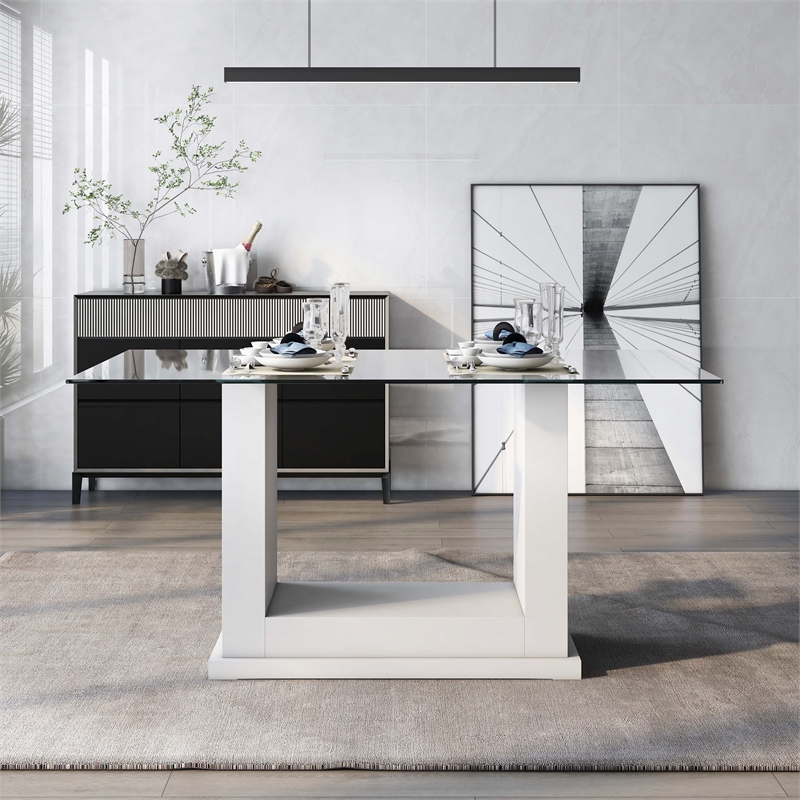 Bowery Hill Contemporary Tempered Glass Dining Table in White
