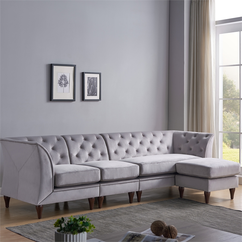 Bowery Hill Velvet Modular Sectional Sofa with Ottoman in Grey