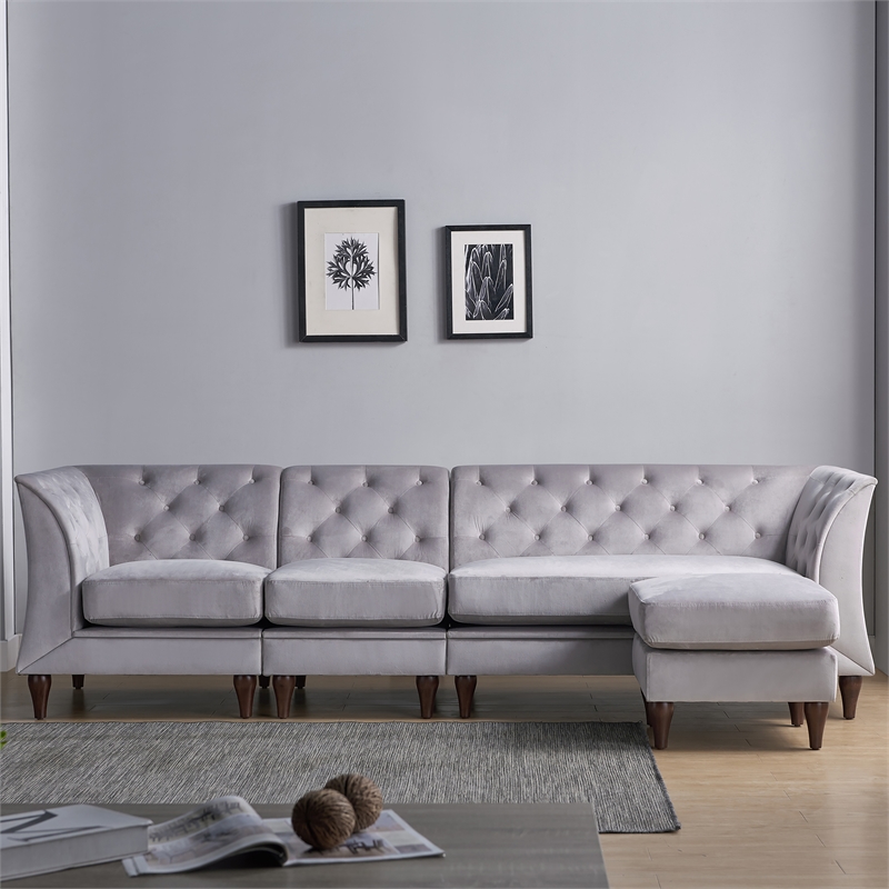 Bowery Hill Velvet Modular Sectional Sofa with Ottoman in Grey