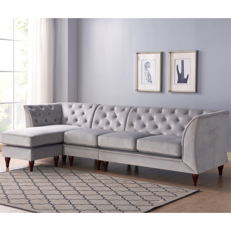 Bowery Hill Velvet Modular Sectional Sofa with Ottoman in Grey