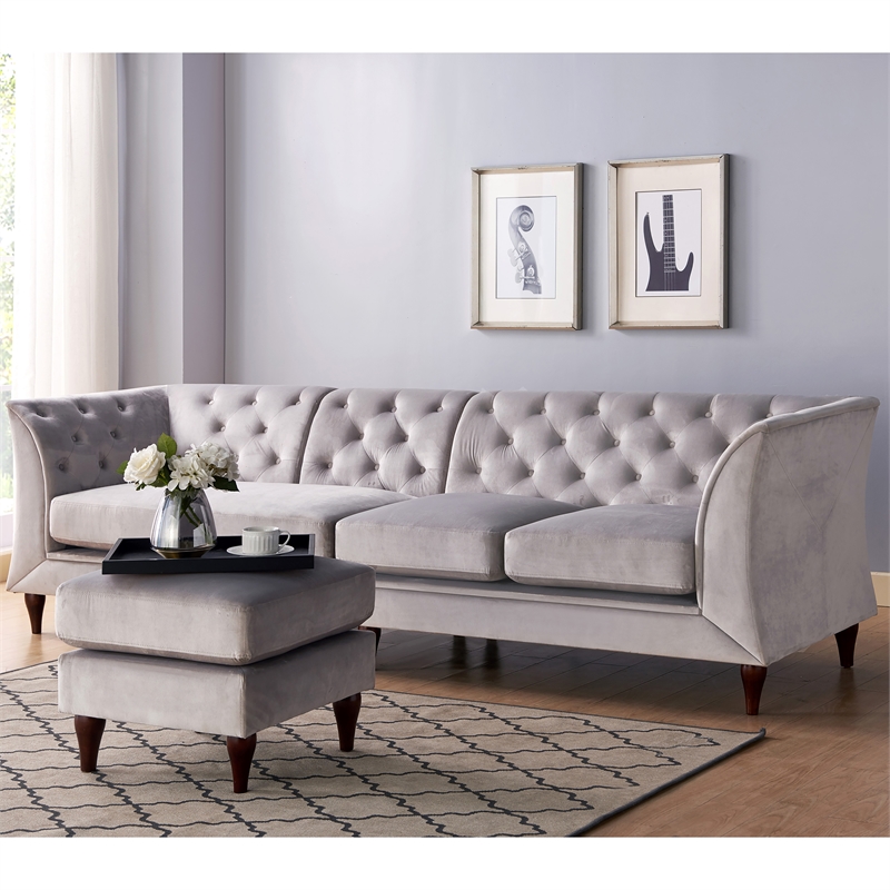 Bowery Hill Velvet Modular Sectional Sofa with Ottoman in Grey