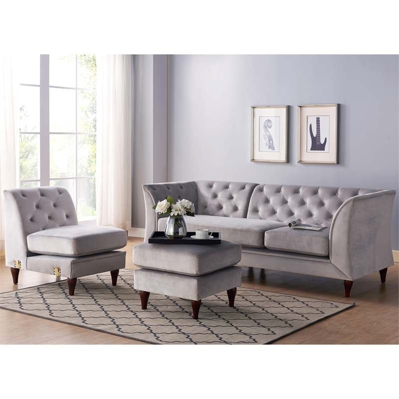 Bowery Hill Velvet Modular Sectional Sofa with Ottoman in Grey