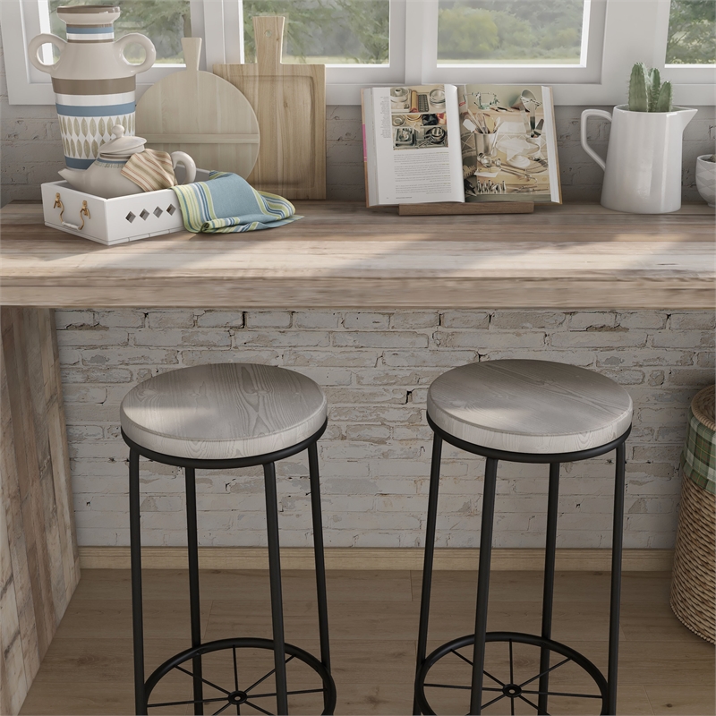 Bowery Hill Metal Bar Stool Set of 2 in Coastal White with Footrest