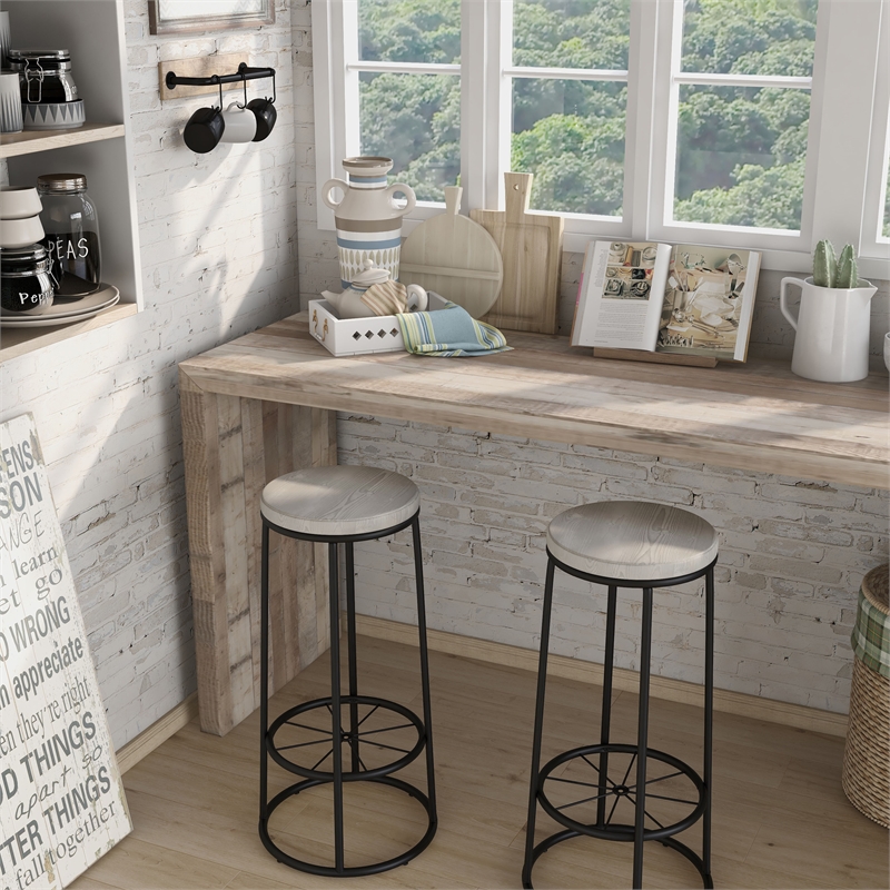 Bowery Hill Metal Bar Stool Set of 2 in Coastal White with Footrest
