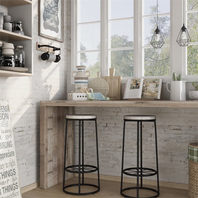 Bowery Hill Metal Bar Stool Set of 2 in Coastal White with Footrest