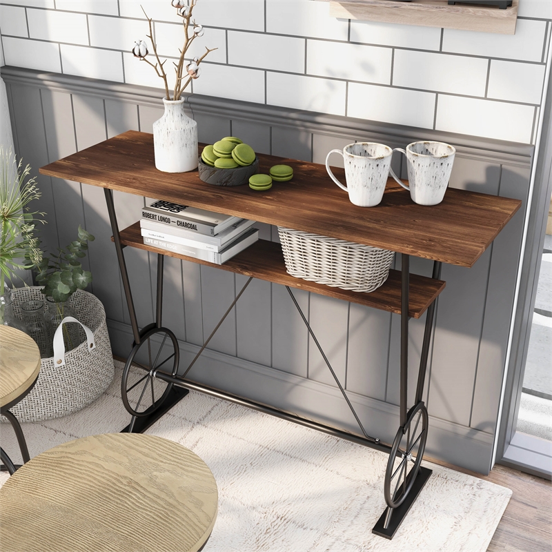Bowery Hill Metal 1-Shelf Bar Table in Toasted Barnwood Brown Finish