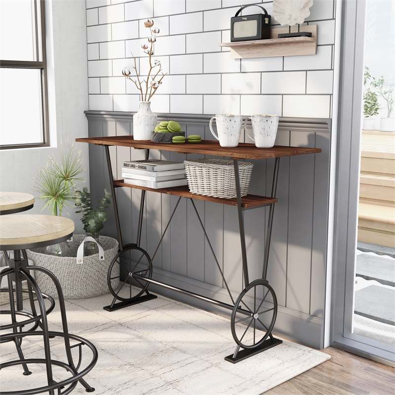Bowery Hill Metal 1-Shelf Bar Table in Toasted Barnwood Brown Finish
