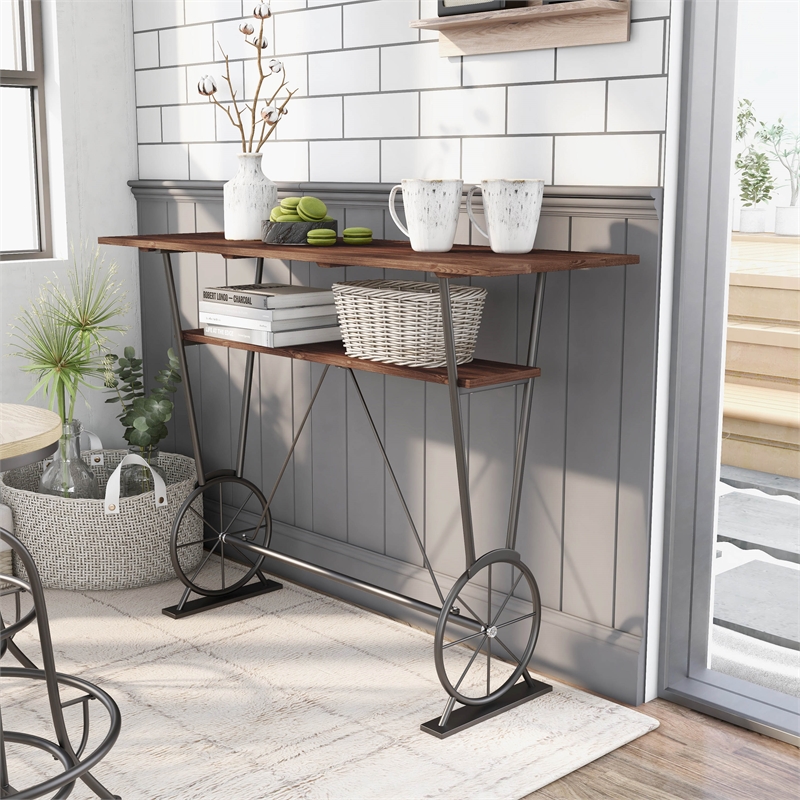 Bowery Hill Metal 1-Shelf Bar Table in Toasted Barnwood Brown Finish
