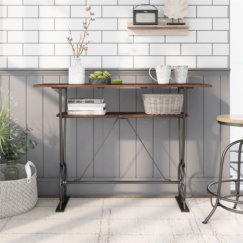 Bowery Hill Metal 1-Shelf Bar Table in Toasted Barnwood Brown Finish