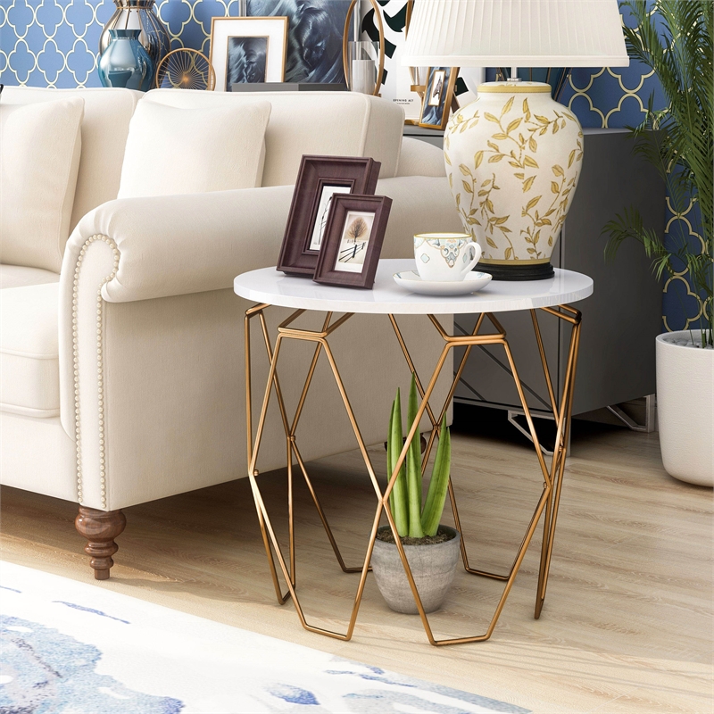 Bowery Hill Contemporary End Table in White and Gold Metal Base