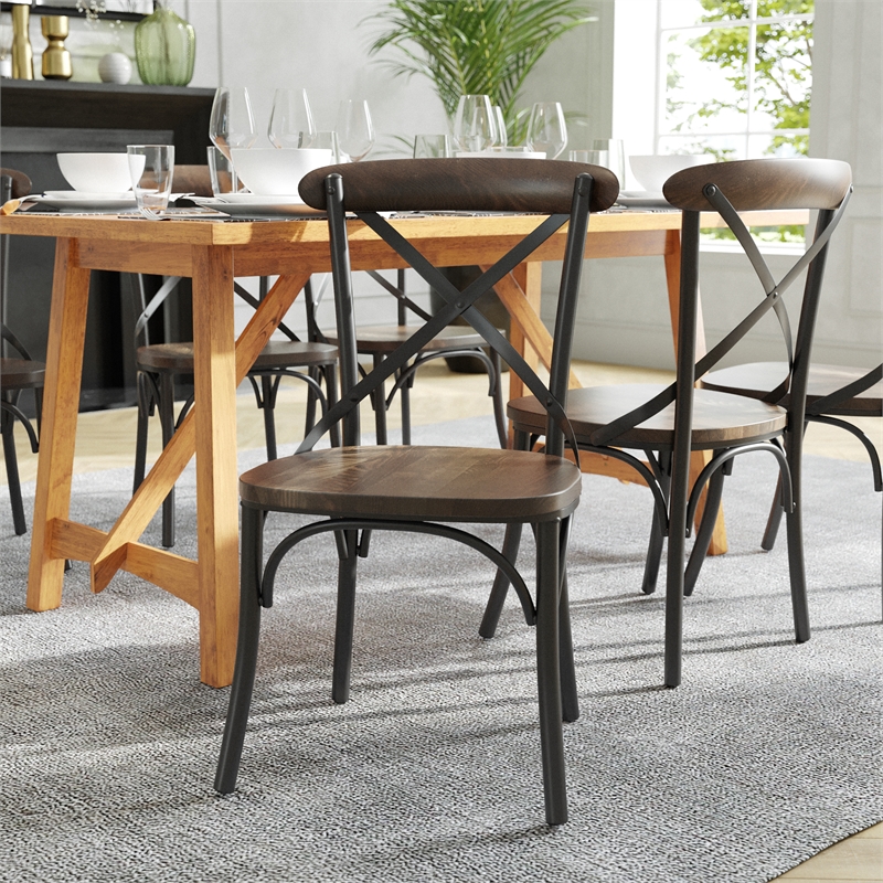 Bowery Hill X-Back Metal and Wood Stacking Side Chair in Black Fruitwood