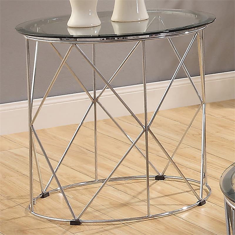 Bowery Hill Contemporary Round End Table with Glass Top in Chrome