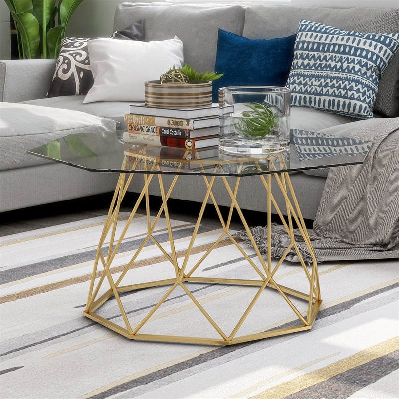 Bowery Hill Contemporary Glass Coffee Table with Gold Metal Base