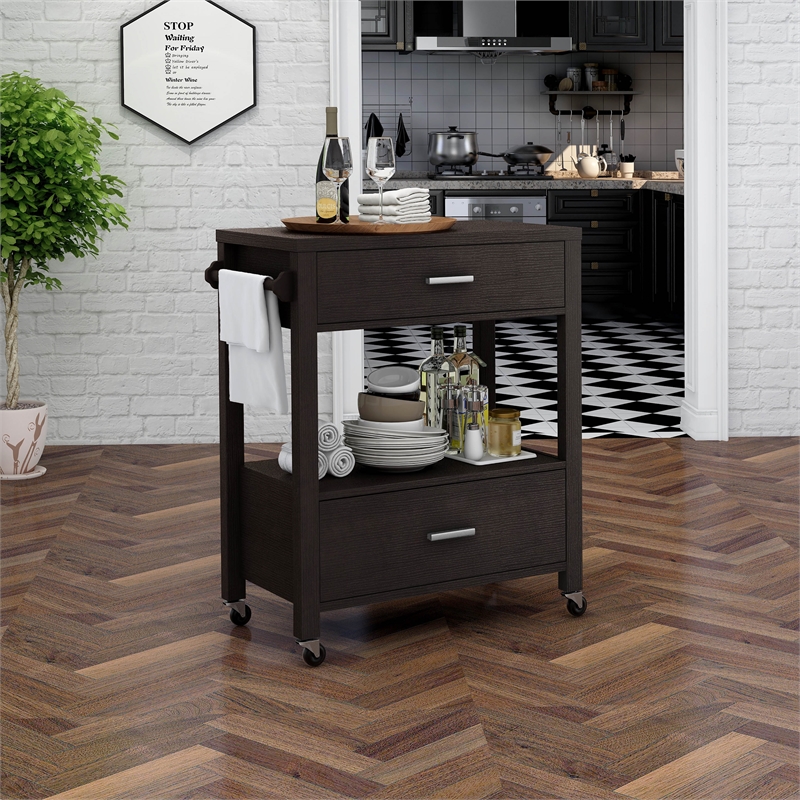 Bowery Hill Wood 2-Drawer Kitchen Cart in Cappuccino with Casters