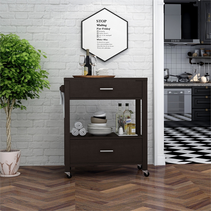 Bowery Hill Wood 2-Drawer Kitchen Cart in Cappuccino with Casters