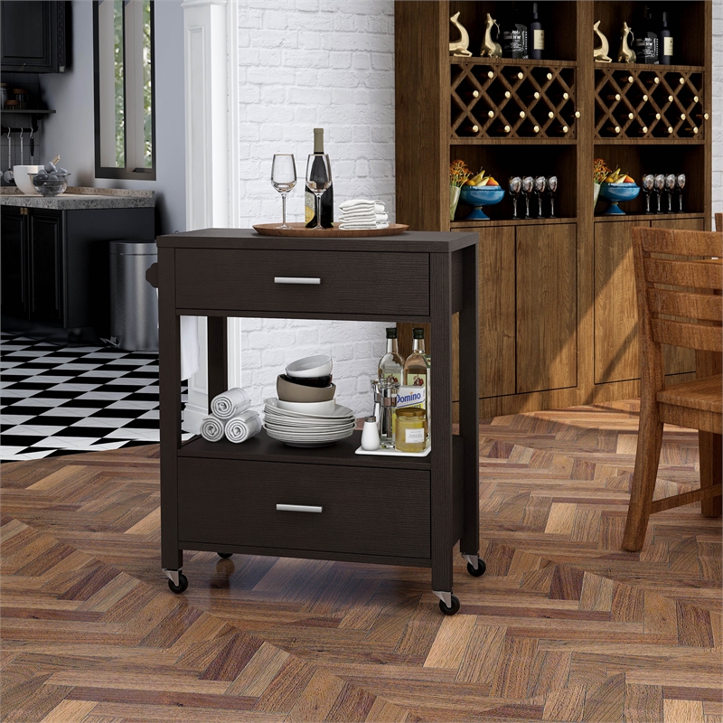 Bowery Hill Wood 2-Drawer Kitchen Cart in Cappuccino with Casters