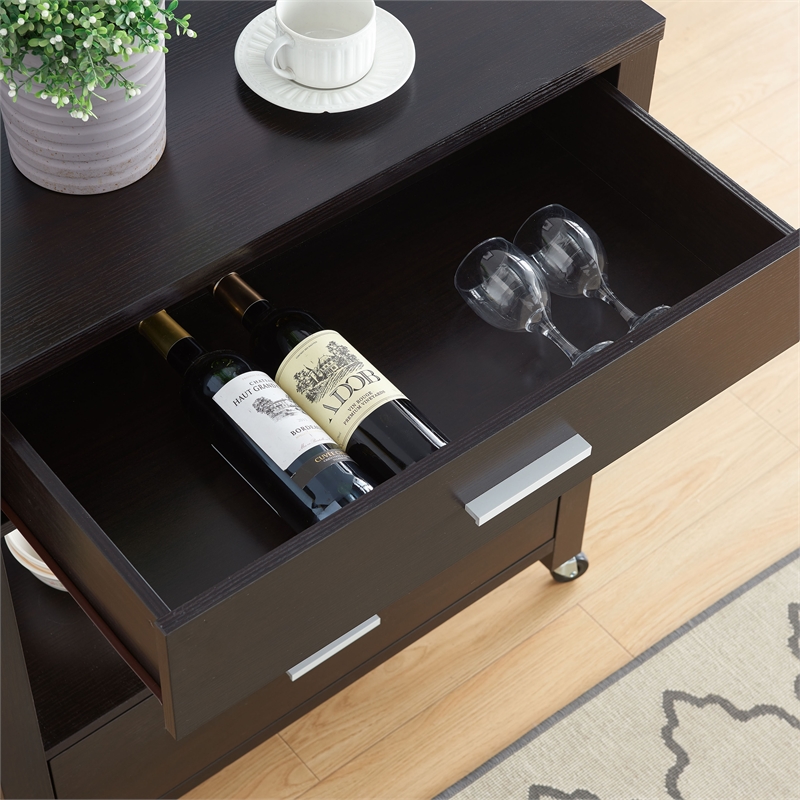 Bowery Hill Wood 2-Drawer Kitchen Cart in Cappuccino with Casters