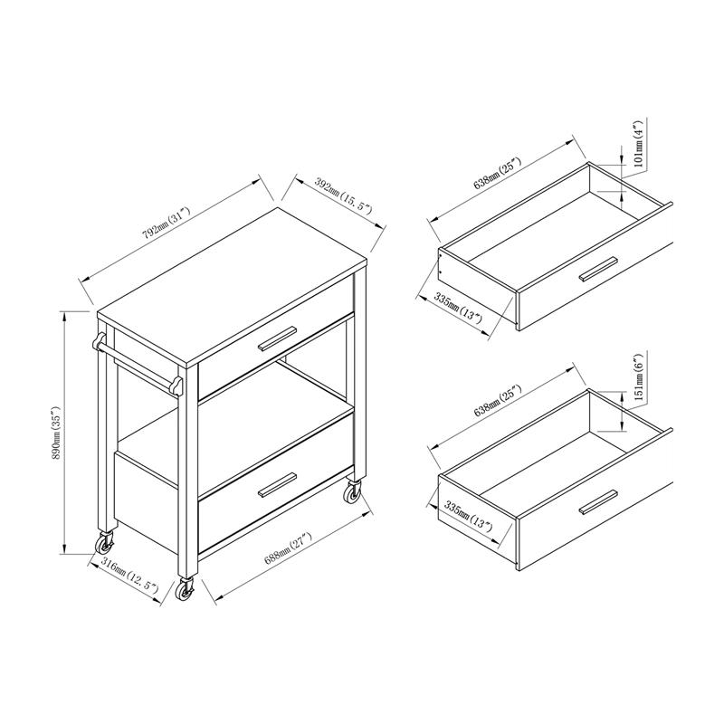 Bowery Hill Wood 2-Drawer Kitchen Cart in Cappuccino with Casters
