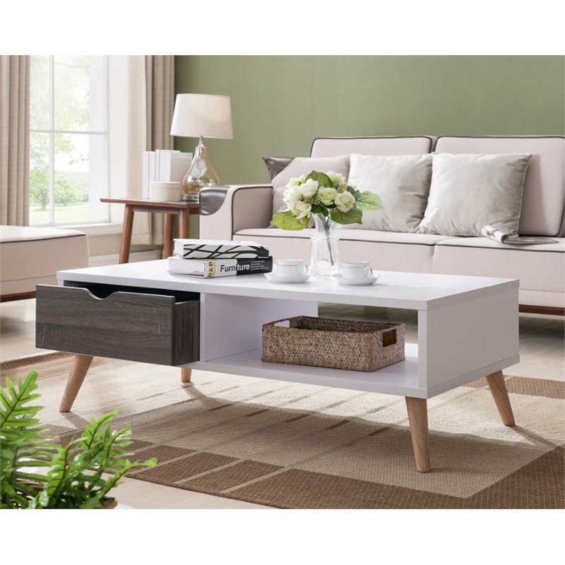 Bowery Hill Wood Coffee Table with Drawer in White and Dark Gray