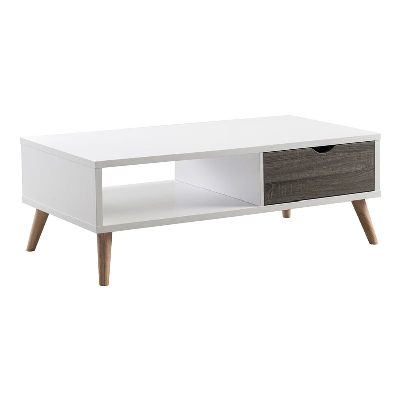 Bowery Hill Wood Coffee Table with Drawer in White and Dark Gray