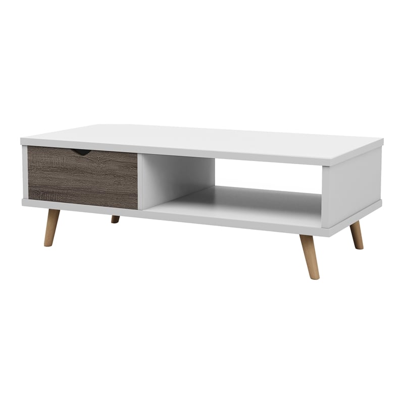 Bowery Hill Wood Coffee Table with Drawer in White and Dark Gray