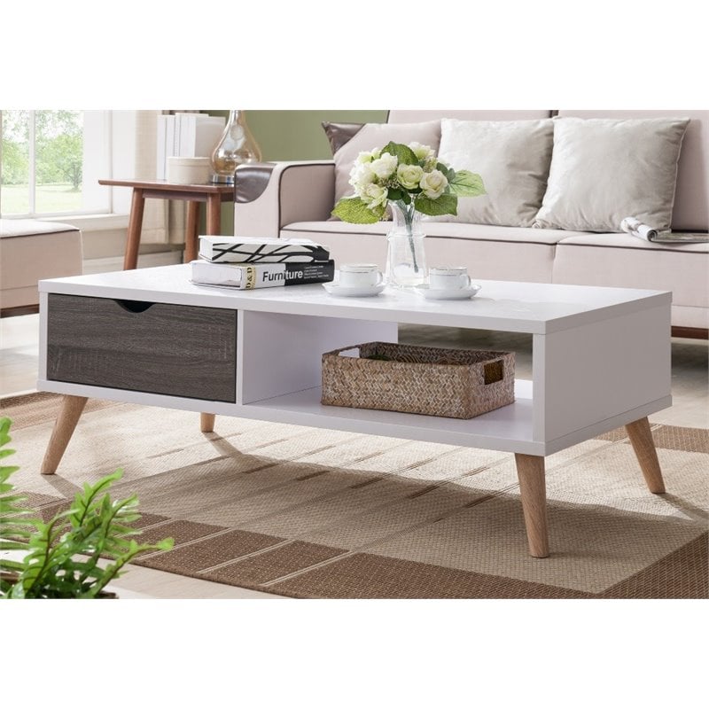 Bowery Hill Wood Coffee Table with Drawer in White and Dark Gray