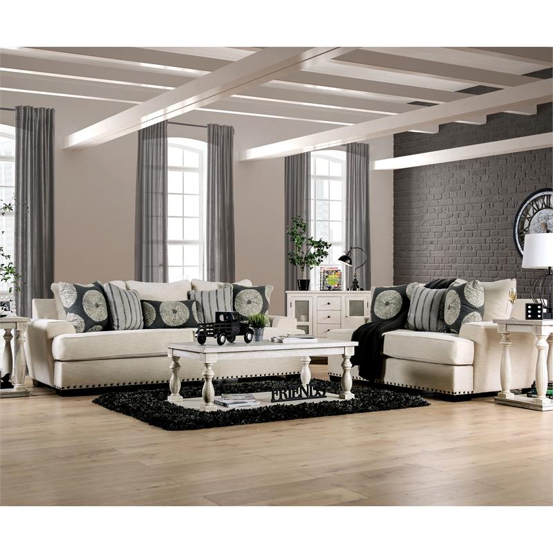 Bowery Hill Chenille Loveseat with Nailhead Trim in Ivory