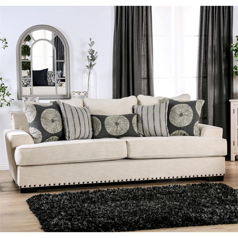 Bowery Hill Chenille Loveseat with Nailhead Trim in Ivory