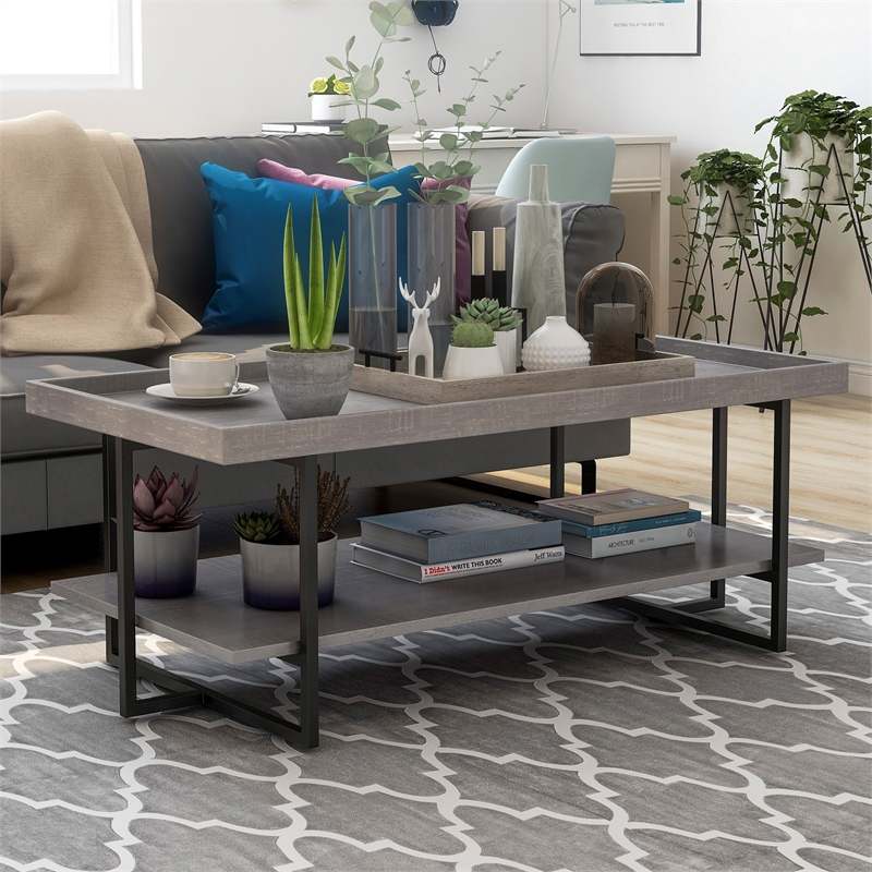 Bowery Hill Wood 1-Shelf Coffee Table in Antique Gray