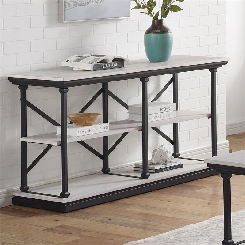 Bowery Hill Transitional 2-Shelf Console Table with Glossy Insert in White