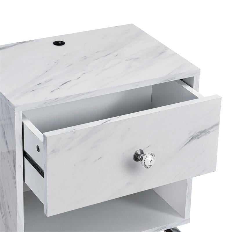 Bowery Hill Wood End Table Set with USB Port in White Marble Finish