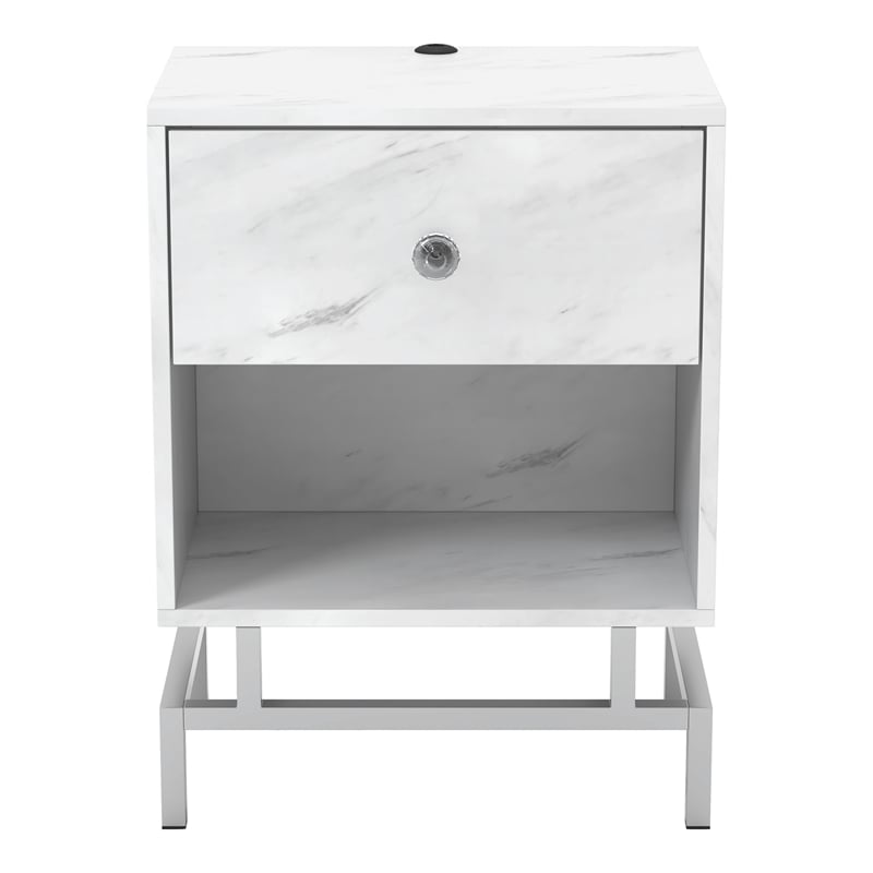Bowery Hill Wood End Table Set with USB Port in White Marble Finish
