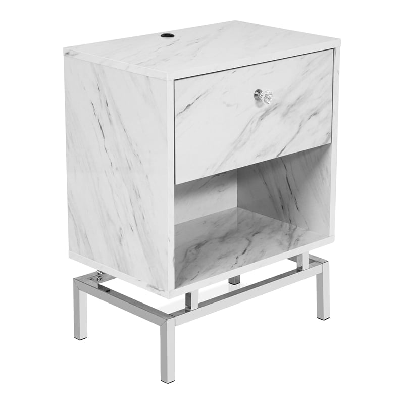 Bowery Hill Wood End Table Set with USB Port in White Marble Finish