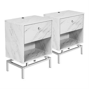 Bowery Hill Wood End Table Set with USB Port in White Marble Finish