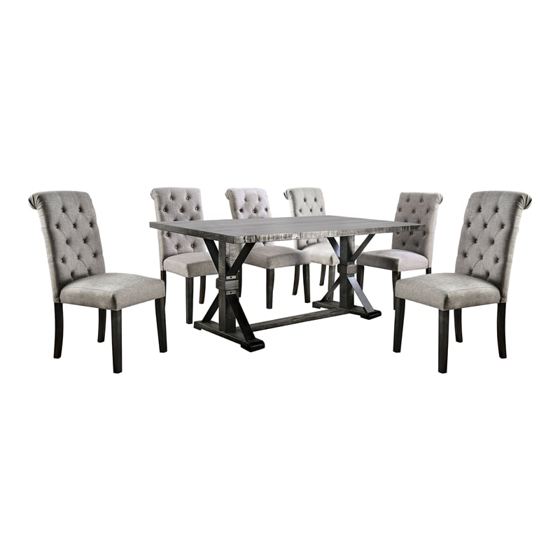 Bowery Hill Rustic Wood 7-Piece Dining Set with Light Gray Upholstery