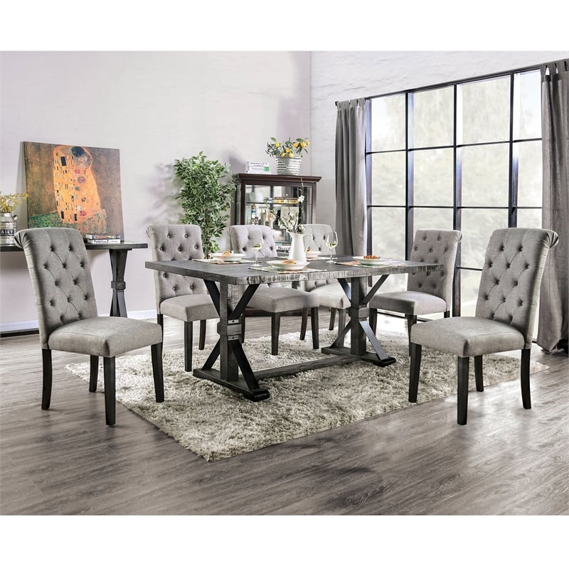 Bowery Hill Rustic Wood 7-Piece Dining Set with Light Gray Upholstery