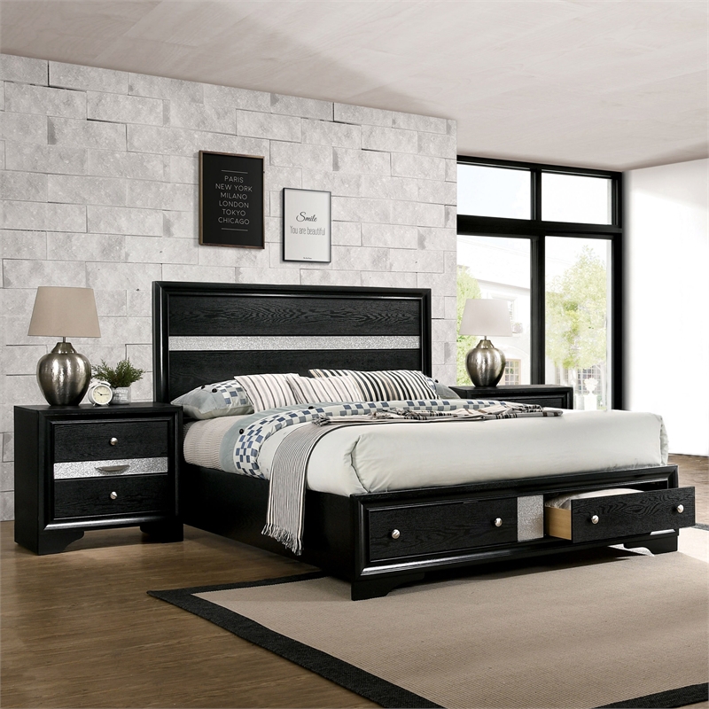 Bowery Hill Contemporary Black Wood King Bedroom Set with Nightstands