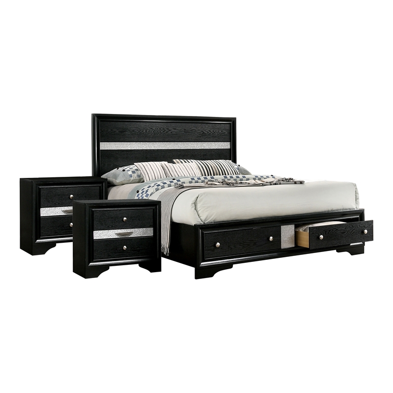 Bowery Hill Contemporary Black Wood King Bedroom Set with Nightstands