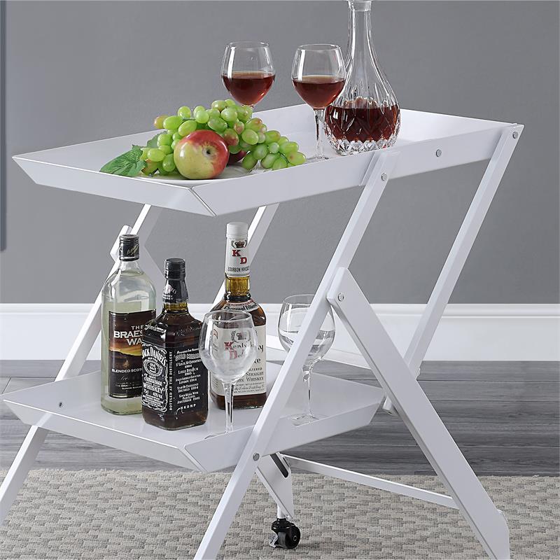 Bowery Hill Metal Foldable Serving Cart with White Finish and 2 Shelves
