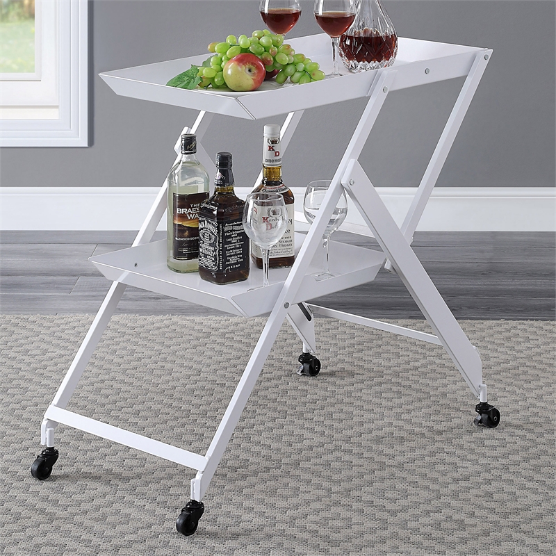 Bowery Hill Metal Foldable Serving Cart with White Finish and 2 Shelves