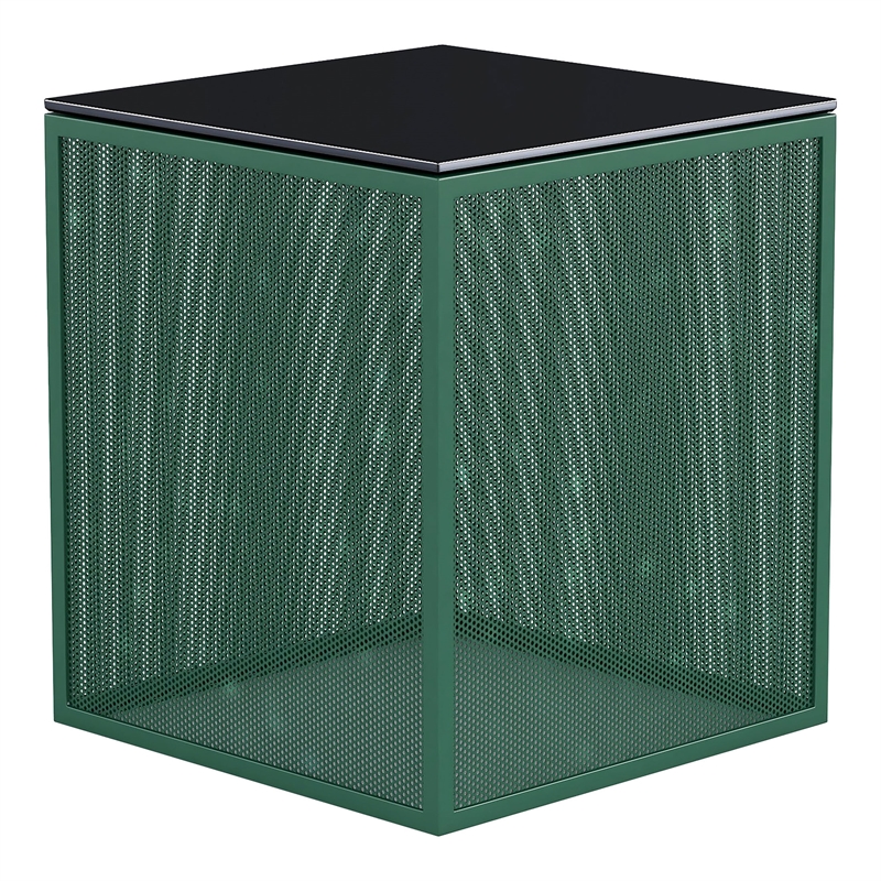Bowery Hill Green Side Table with Tempered Glass Top and Steel Mesh