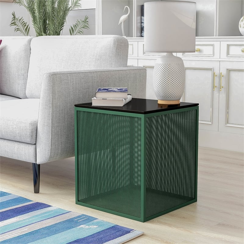 Bowery Hill Green Side Table with Tempered Glass Top and Steel Mesh